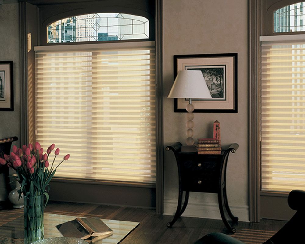 crestron horizontal shades with morning light